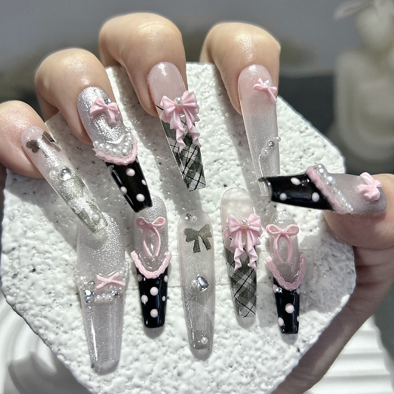 Nail Art Y2K - 10PCS Y2K Black Pink French Handmade