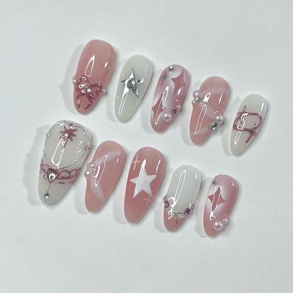 24Pcs Y2K Almond Star Bow Pink – обзор и цена Nail Art Y2K