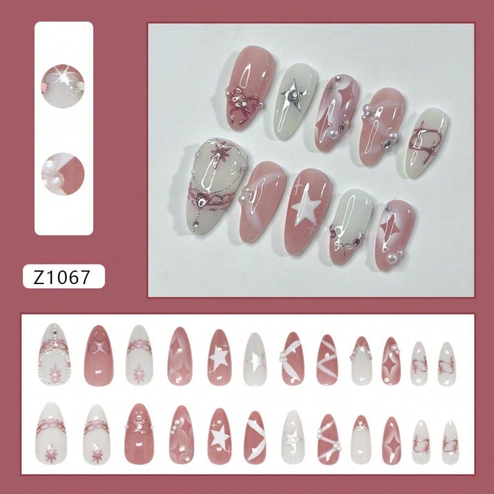 24Pcs Y2K Almond Star Bow Pink – обзор и цена Nail Art Y2K