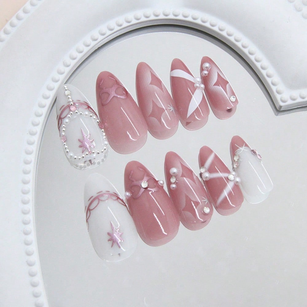 24Pcs Y2K Almond Star Bow Pink – обзор и цена Nail Art Y2K