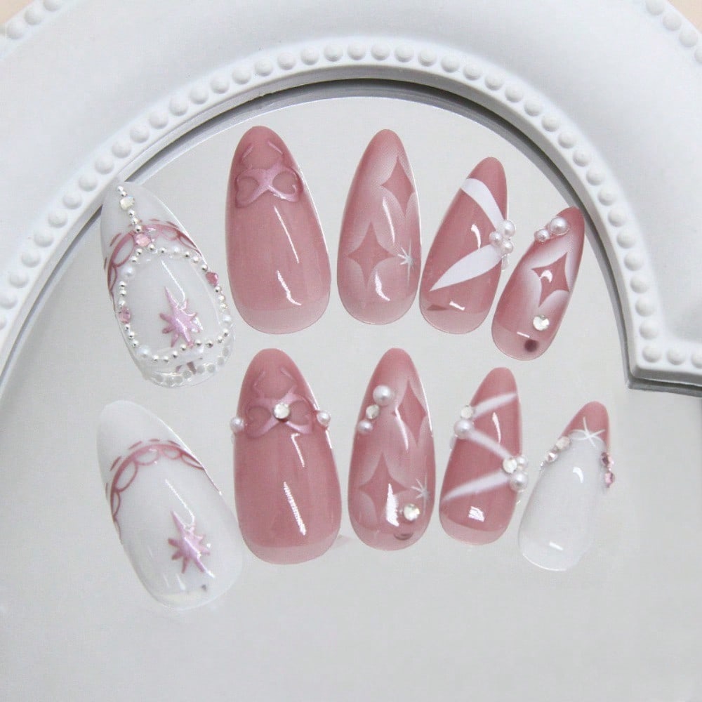 24Pcs Y2K Almond Star Bow Pink – обзор и цена Nail Art Y2K